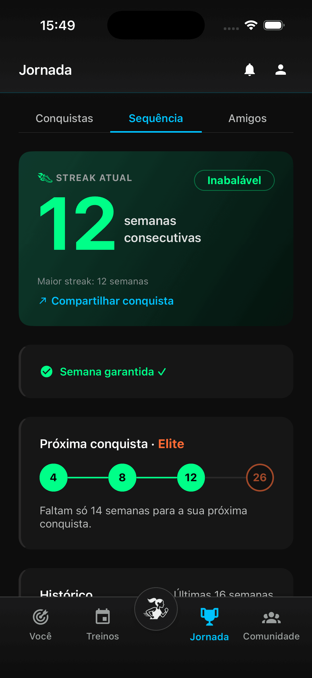 Achievements screen showing a 12-week consecutive training streak